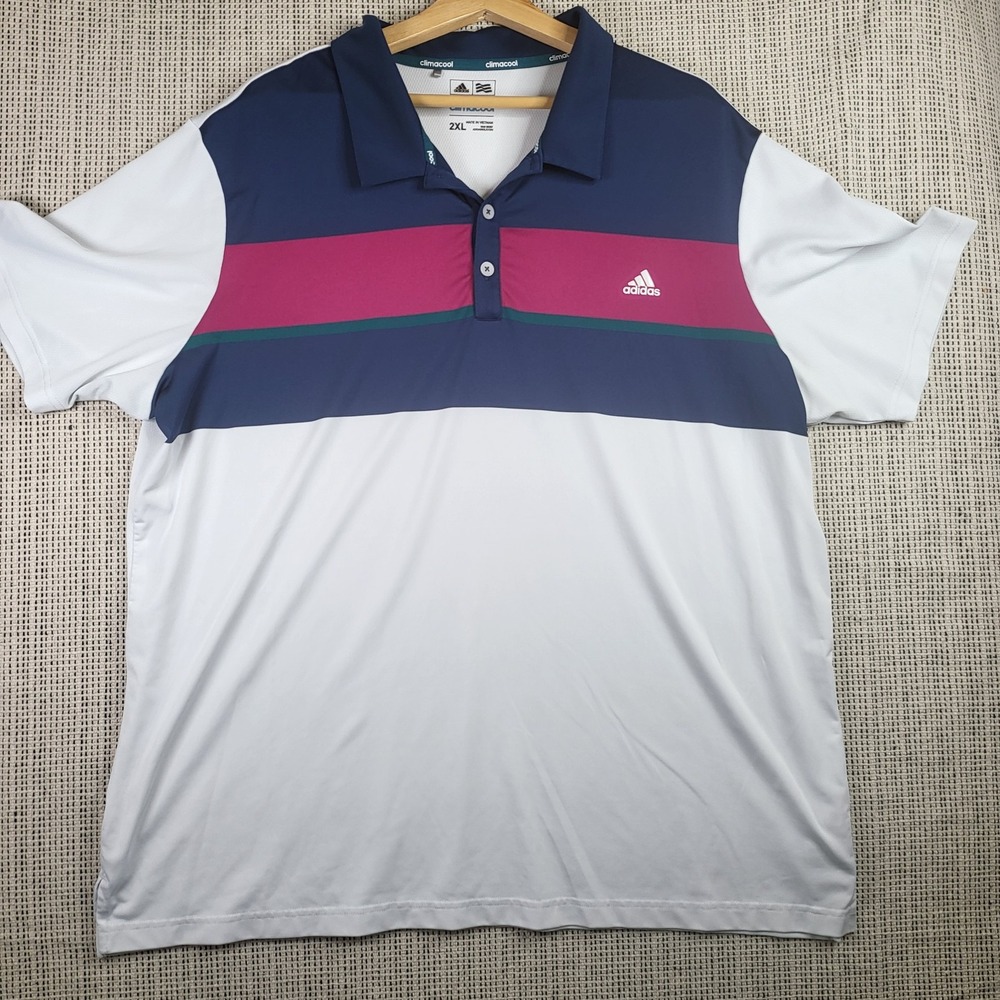 Adidas Polo Shirt Mens 2XL Blue White‎ ClimaCool Golf Performance Athletic